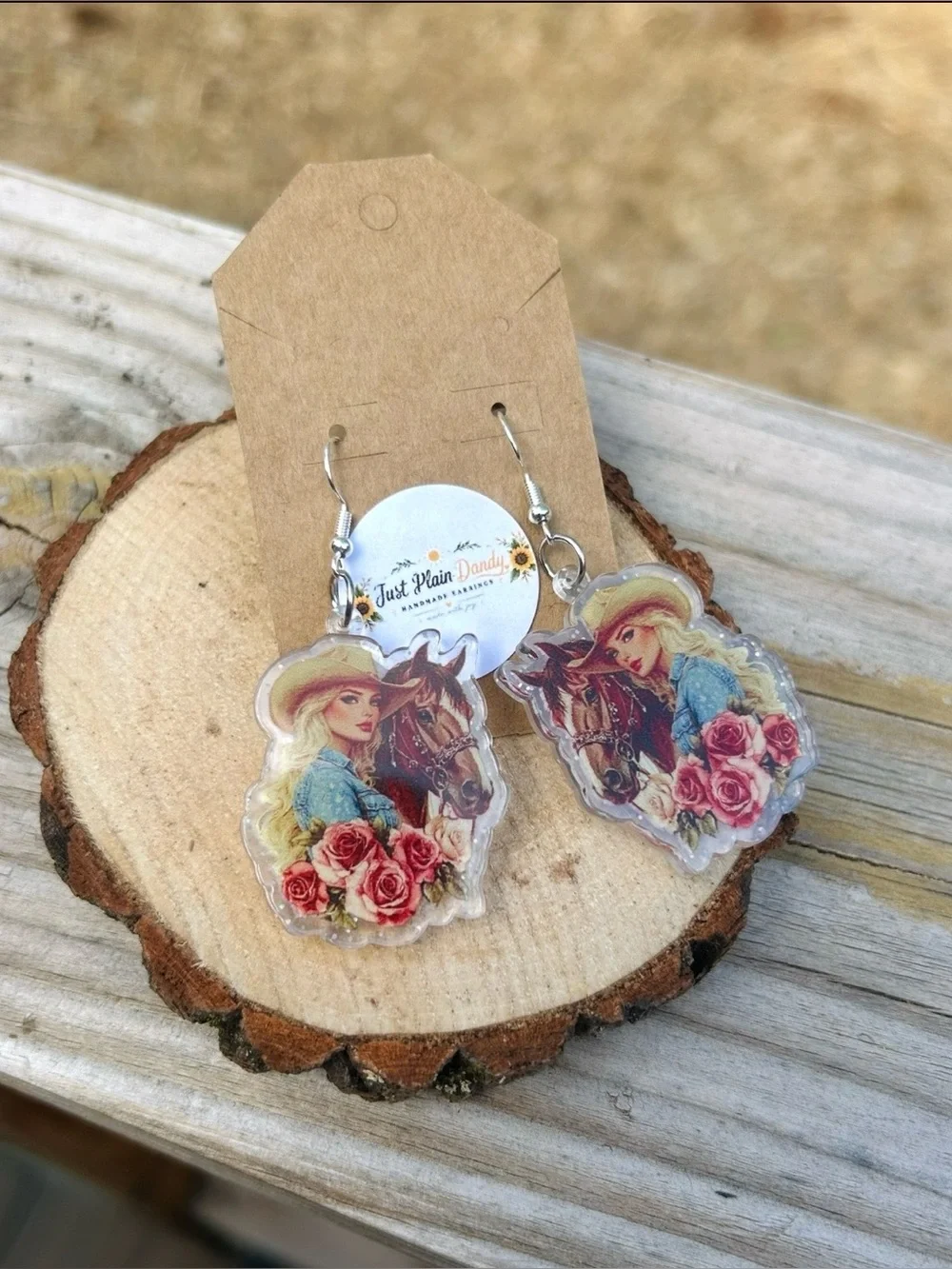 Cowgirl Horse Rose Acrylic Dangle Earrings Western Country Handmade